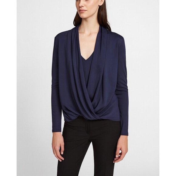 Theory Women’s Silk Draped Front Blouse Navy Blue Long Sleeve L - Picture 1 of 7
